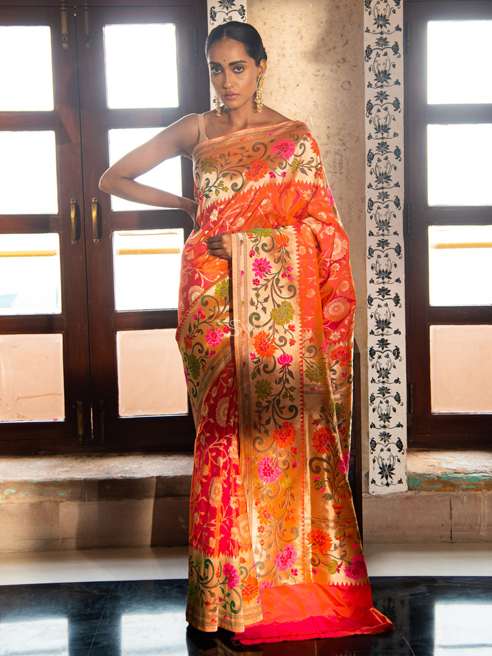 Leheriya Printed Cotton Silk Saree in Pink and Orange : SEW13686